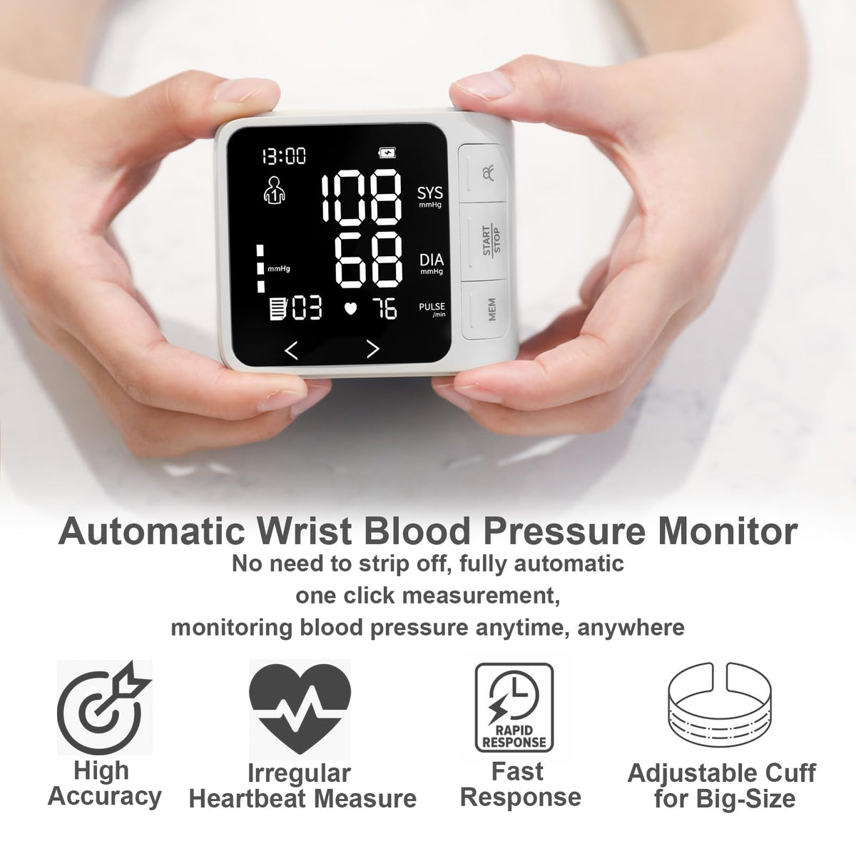 Wrist Blood Pressure Monitor with 2 Users Memory LCD Display H558