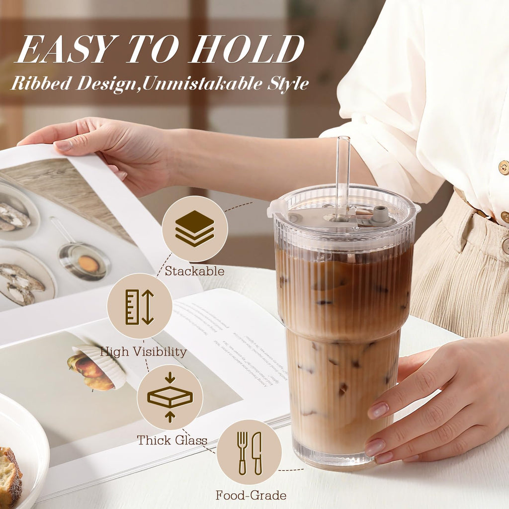 20oz Ribbed Iced Coffee Cups with Lids, 4 Pcs Glass Tumblers K670357