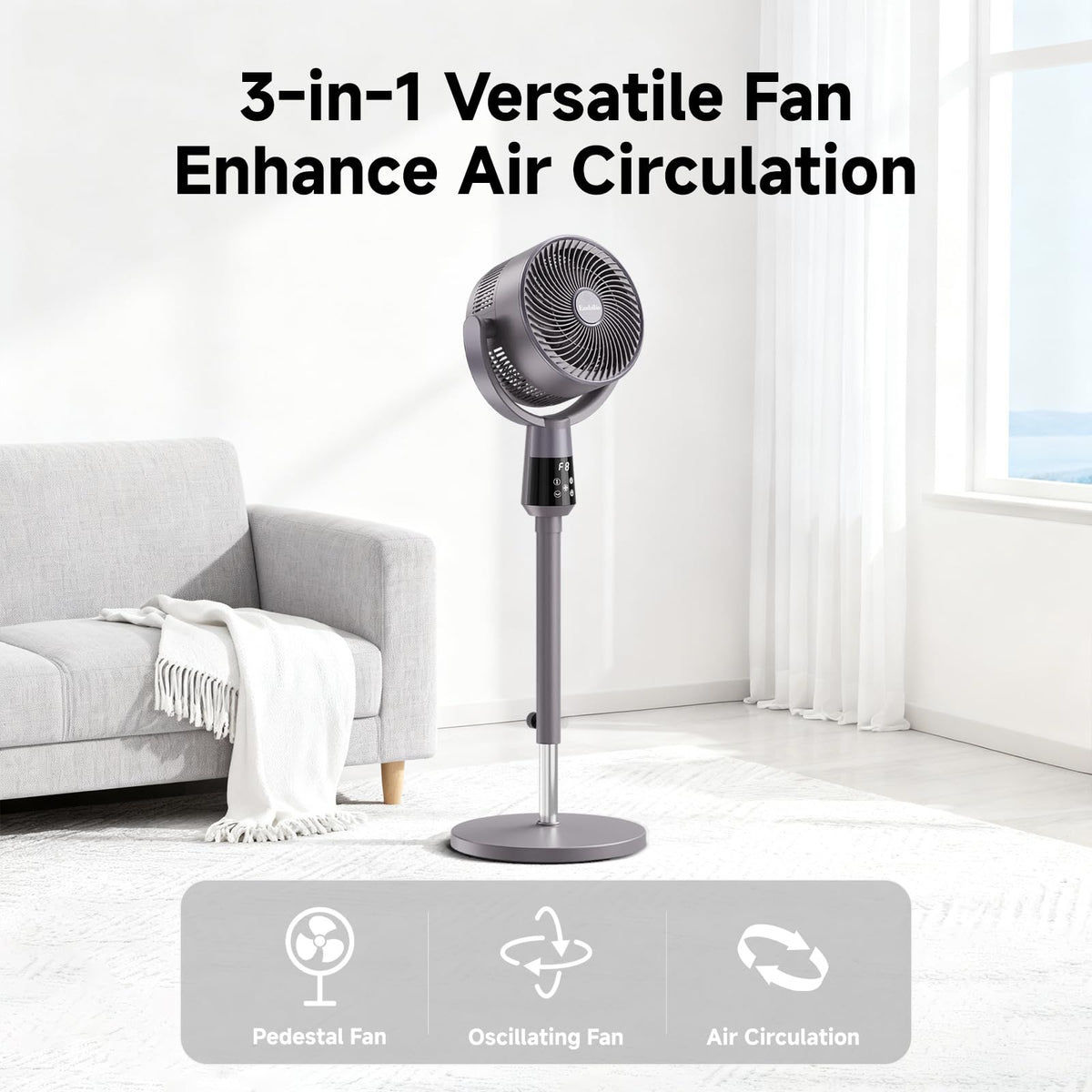 Oscillating Pedestal Fan, 25dB Standing Fan with 8 Speeds, 12H Timer, 36-45'' Adjustable Height, Remote Control E24703