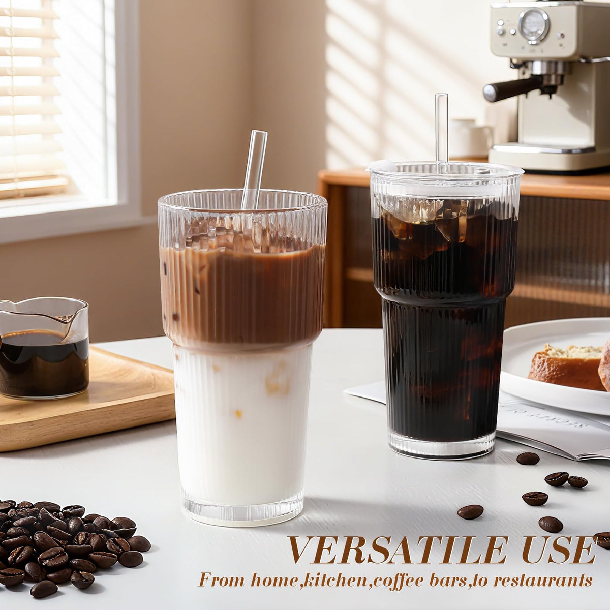 20oz Ribbed Iced Coffee Cups with Lids, 4 Pcs Glass Tumblers K670357