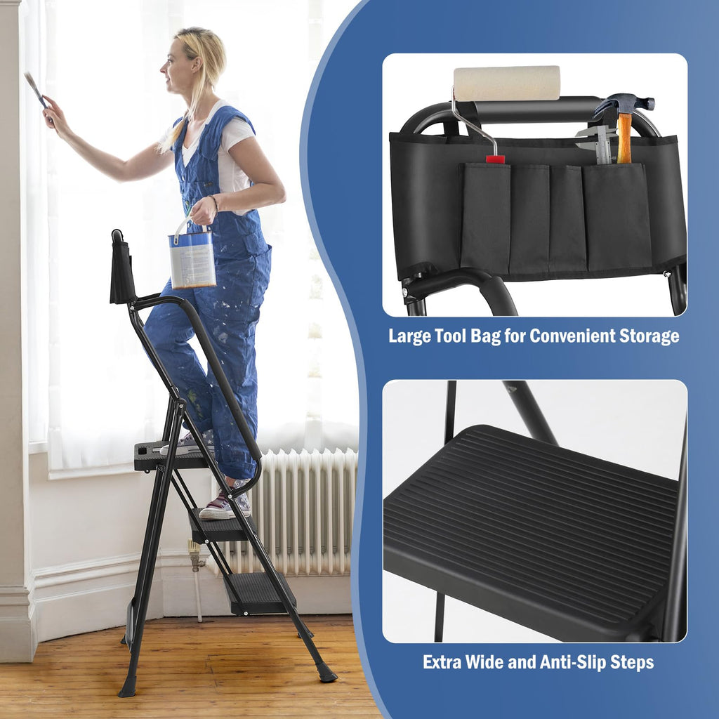 3-Step Ladder with Anti-Slip Platform, 330 lbs Capacity, Steel Frame Y94772