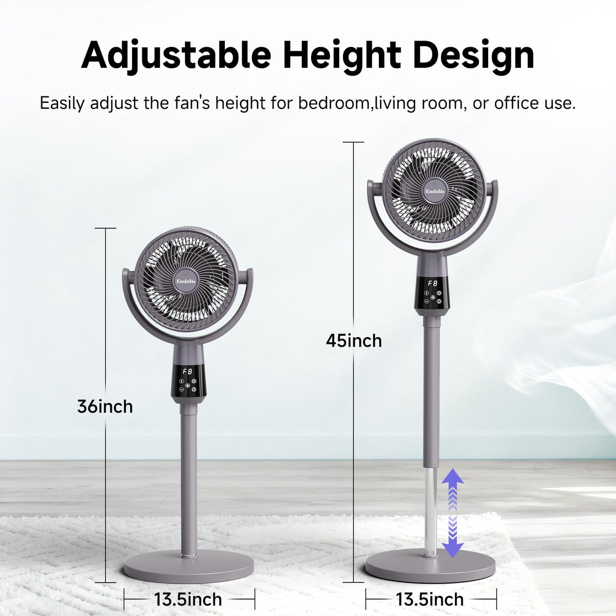 Oscillating Pedestal Fan, 25dB Standing Fan with 8 Speeds, 12H Timer, 36-45'' Adjustable Height, Remote Control E24703
