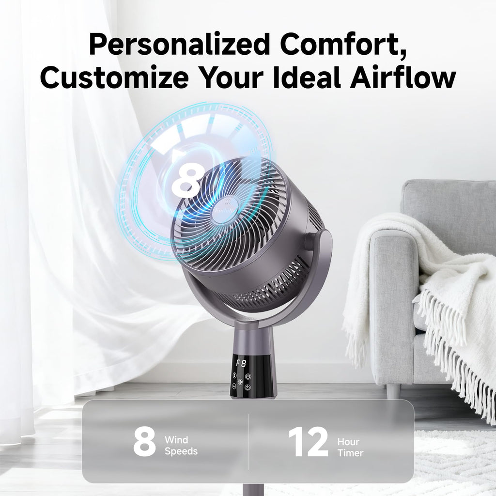 Oscillating Pedestal Fan, 25dB Standing Fan with 8 Speeds, 12H Timer, 36-45'' Adjustable Height, Remote Control E24703