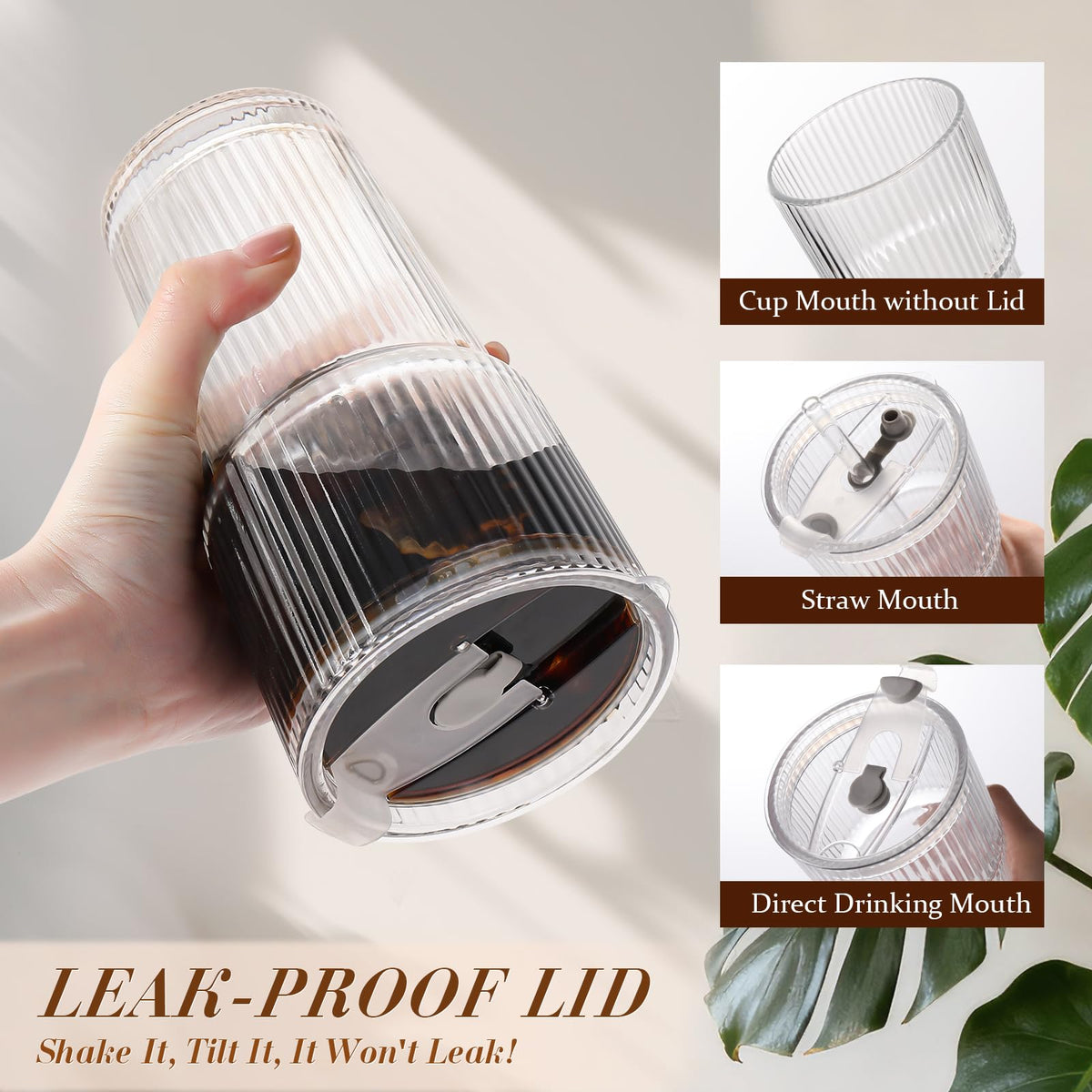 20oz Ribbed Iced Coffee Cups with Lids, 4 Pcs Glass Tumblers K670357