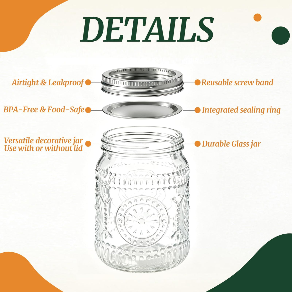 6-Pack Glass Mason Jars 16 oz Wide Mouth Canning Jars K818