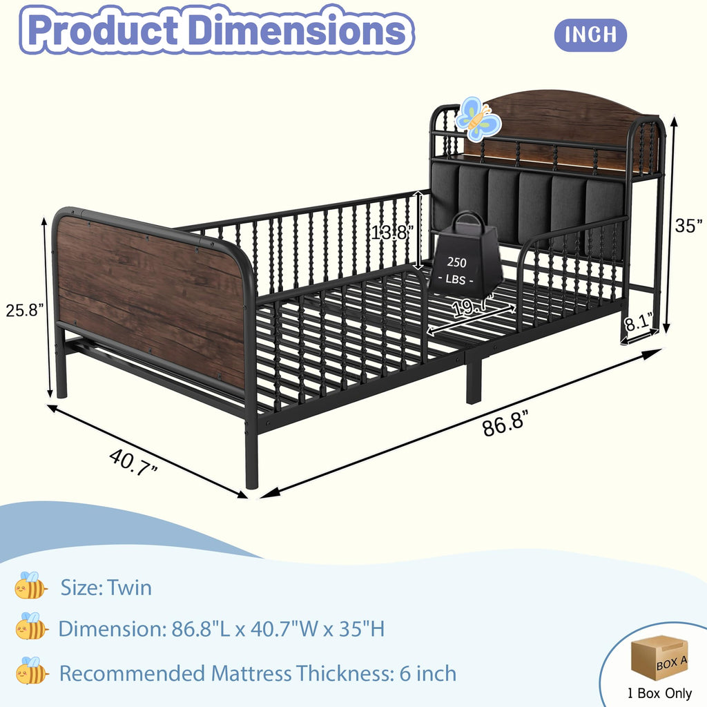 Black Metal Twin Bed Frame with Storage and Upholstered Headboard L523997