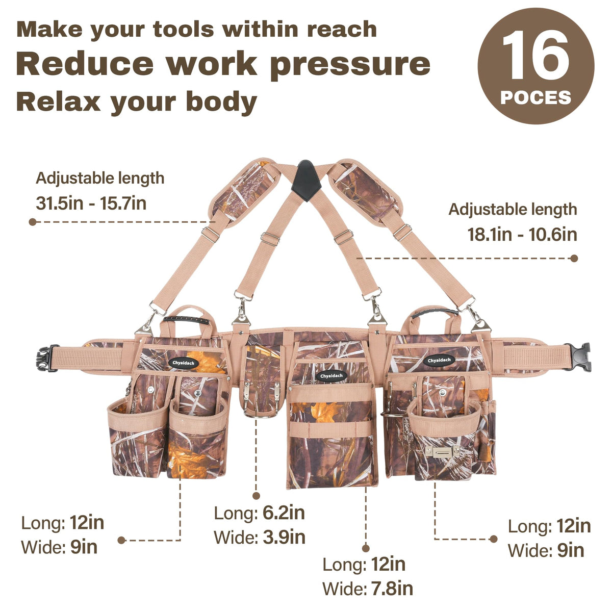7-Piece Tool Belt Rig with 16 Pockets and Dual Hammer Loops V835908