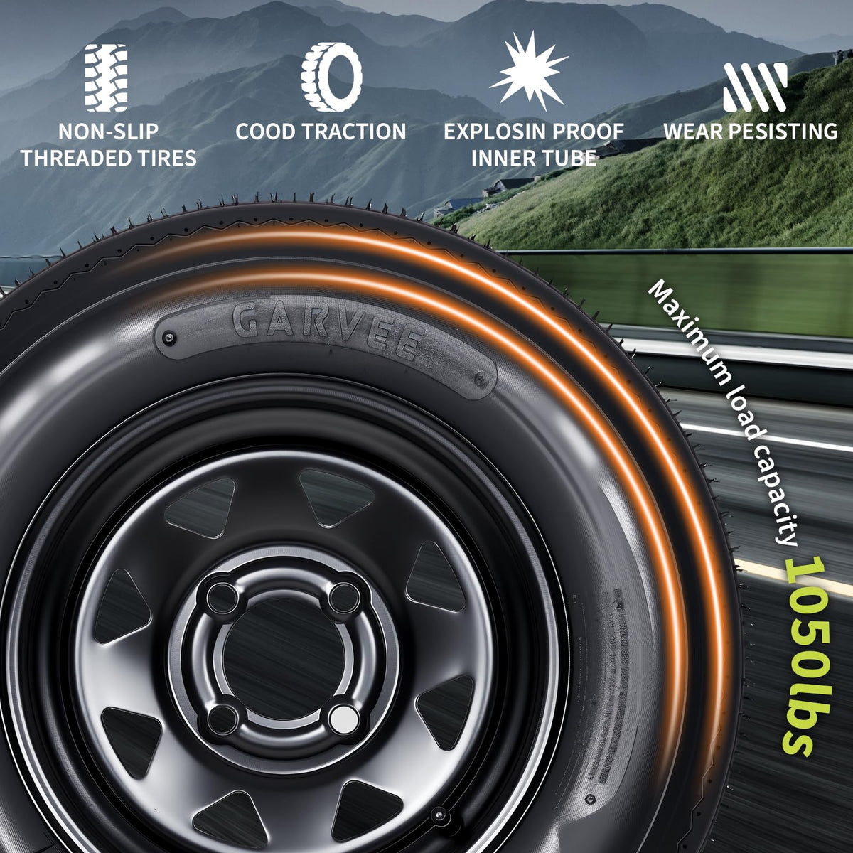 Set of 2 5.30-12 Trailer Tires with 12" Black Rims, 4 Lug on 4" Bolt Pattern, Load Range C 6PR Y704