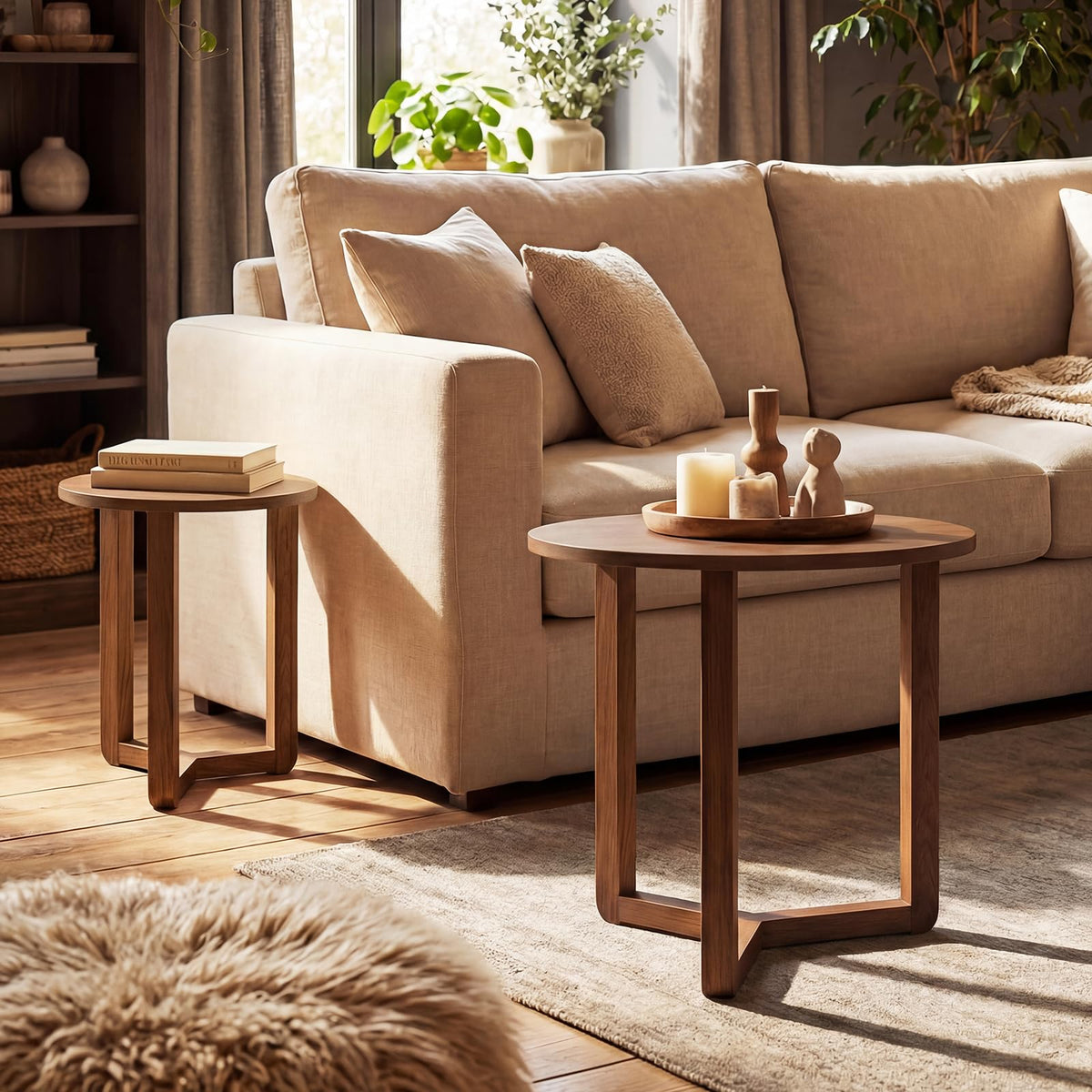 Round Nesting Coffee Table Set of 2 Wood Walnut Y249