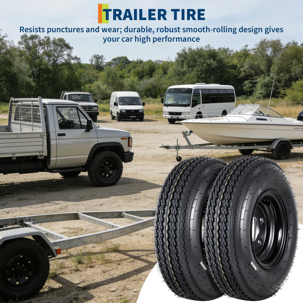 Set of 2 5.30-12 Trailer Tires with 12" Black Rims, 4 Lug on 4" Bolt Pattern, Load Range C 6PR Y704