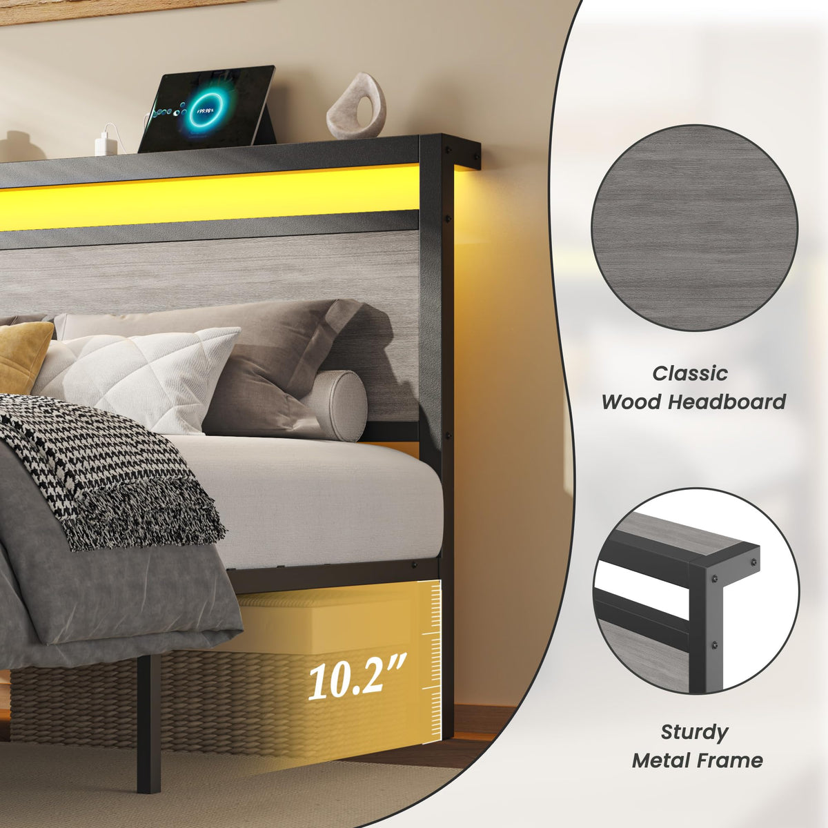 Queen Size Storage Bed Frame with Wood Headboard and LED Lights C514