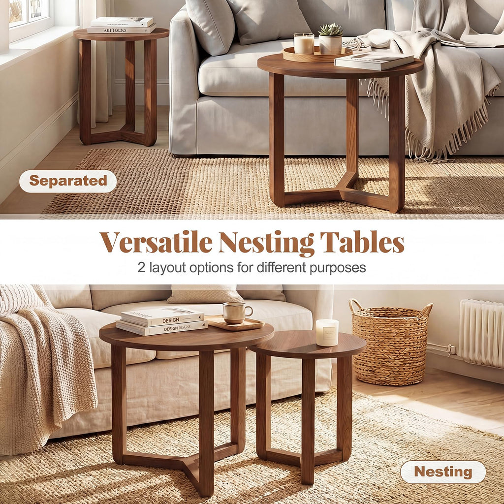Round Nesting Coffee Table Set of 2 Wood Walnut Y249