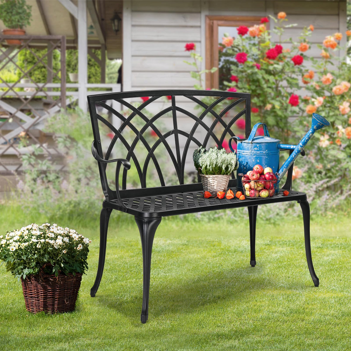 38" Black Metal Outdoor Bench X96243