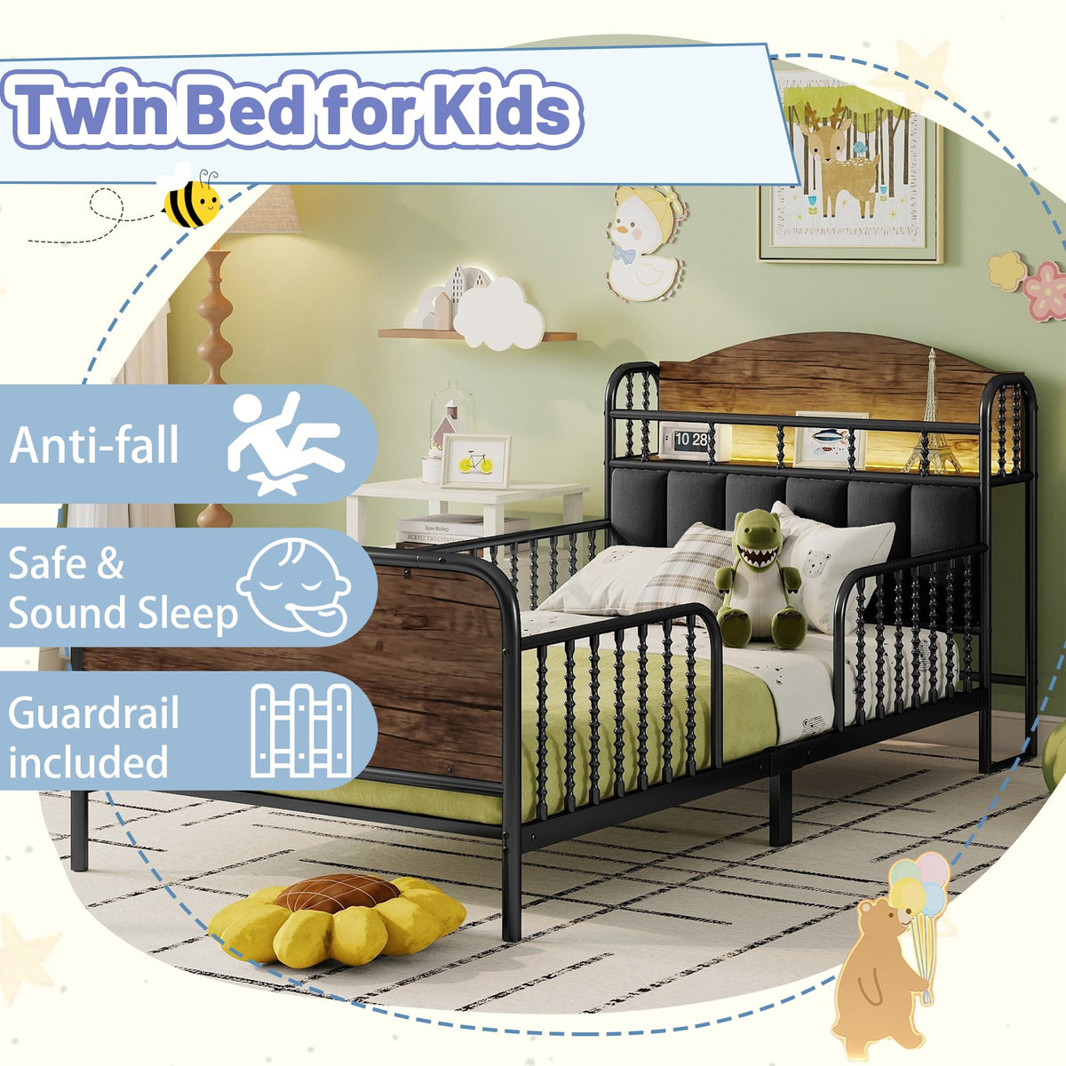 Black Metal Twin Bed Frame with Storage and Upholstered Headboard L523997