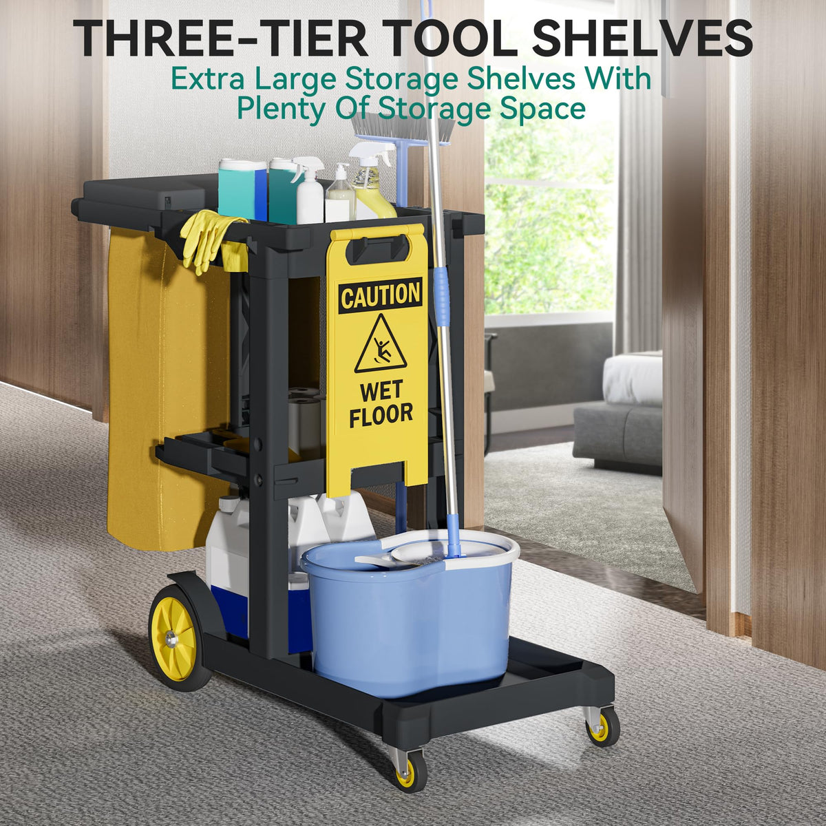 Black 3-Shelf Cleaning Cart on Wheels O89783