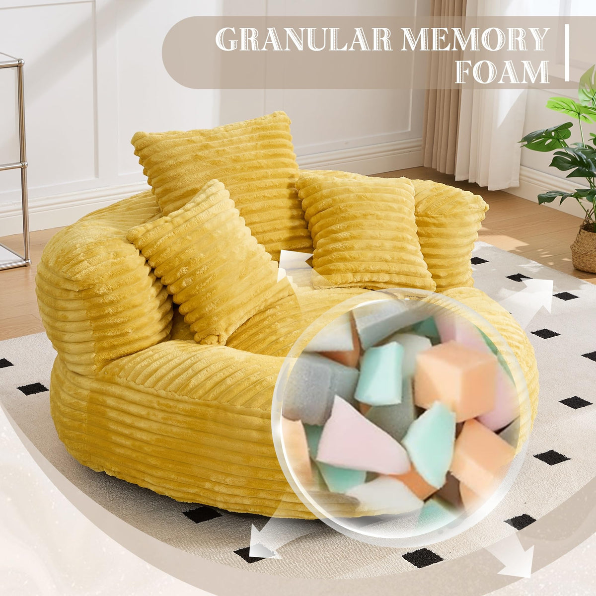 Oversized Corduroy Bean Bag Chair with 3 Pillows W104331