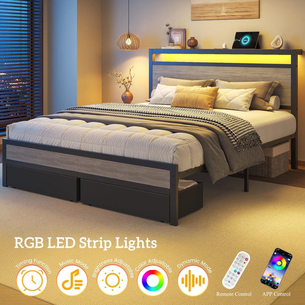 Queen Size Storage Bed Frame with Wood Headboard and LED Lights C514