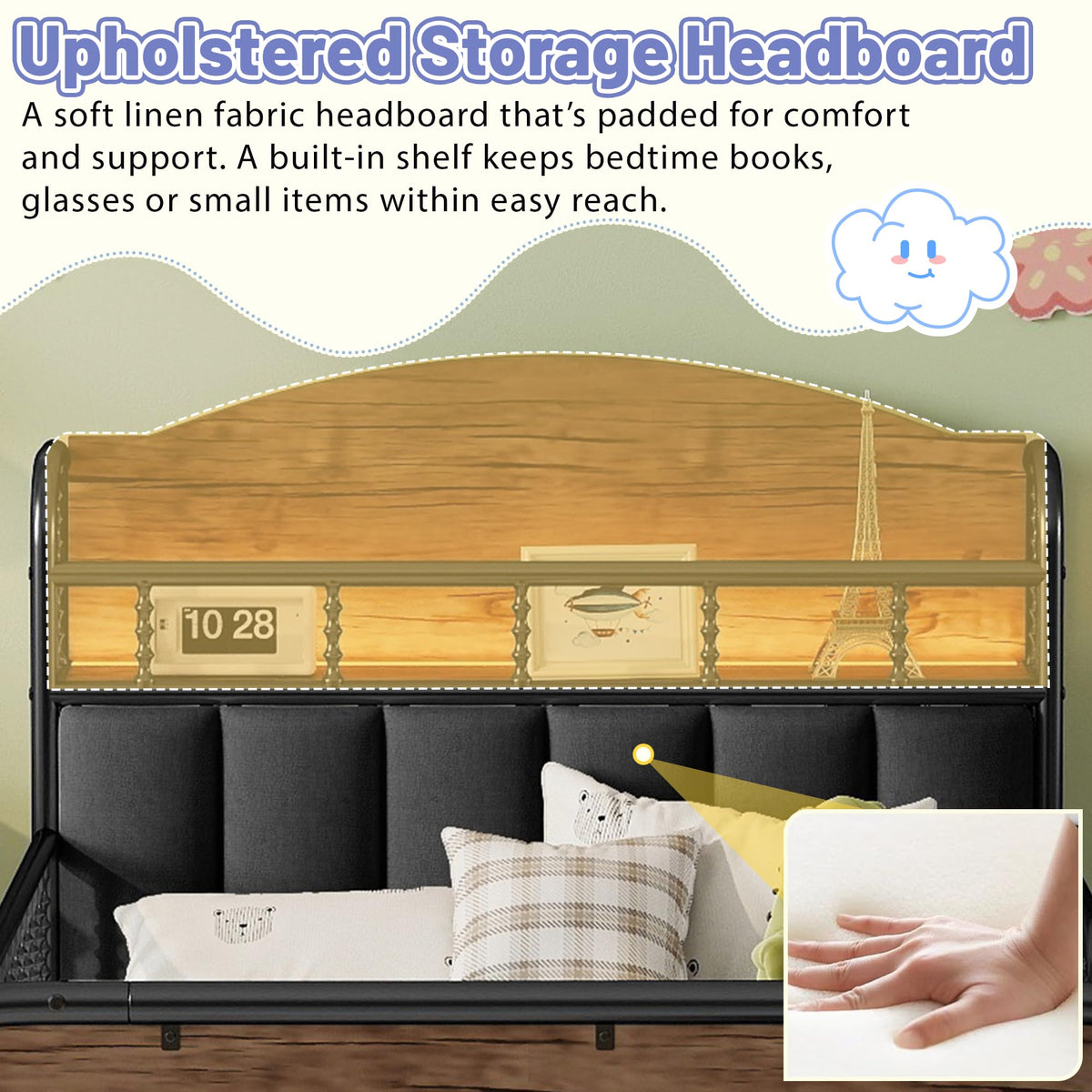 Black Metal Twin Bed Frame with Storage and Upholstered Headboard L523997