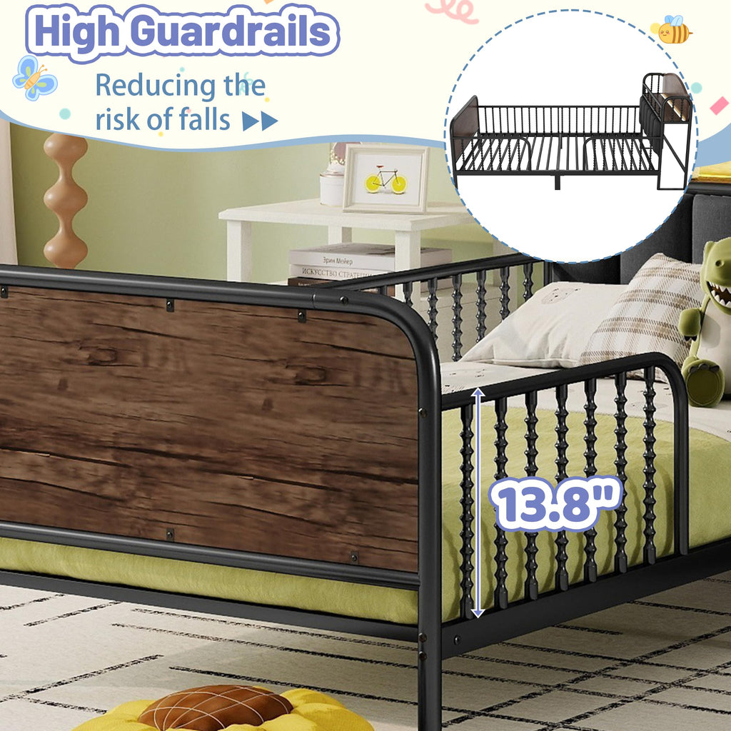 Black Metal Twin Bed Frame with Storage and Upholstered Headboard L523997