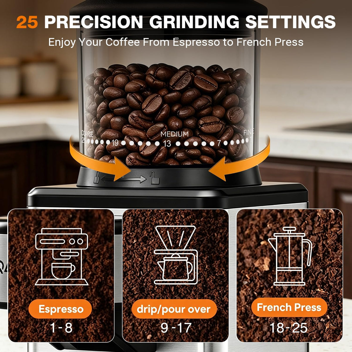Conical Burr Coffee Bean Grinder, 25 Precise Settings, Anti-Static U632