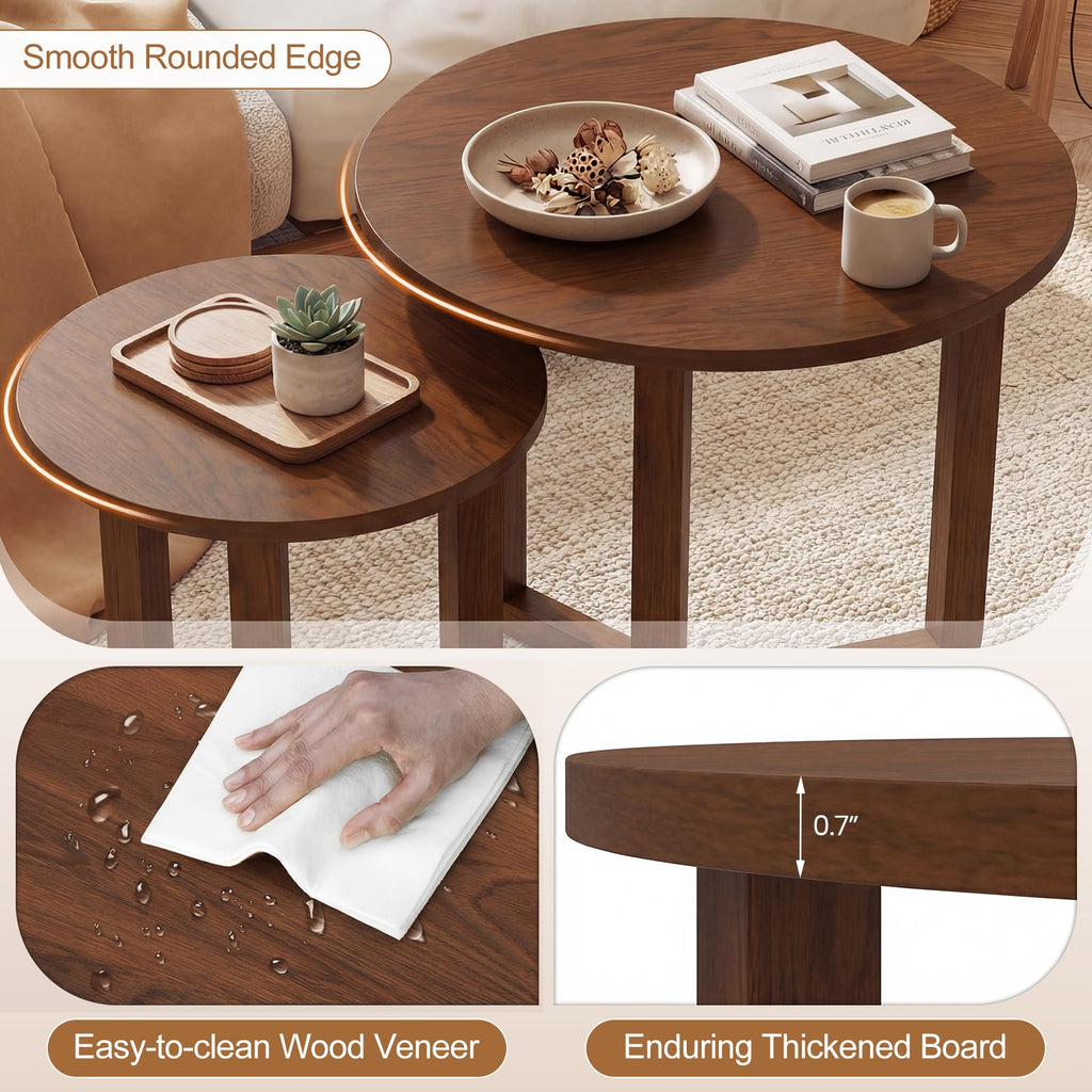Round Nesting Coffee Table Set of 2 Wood Walnut Y249