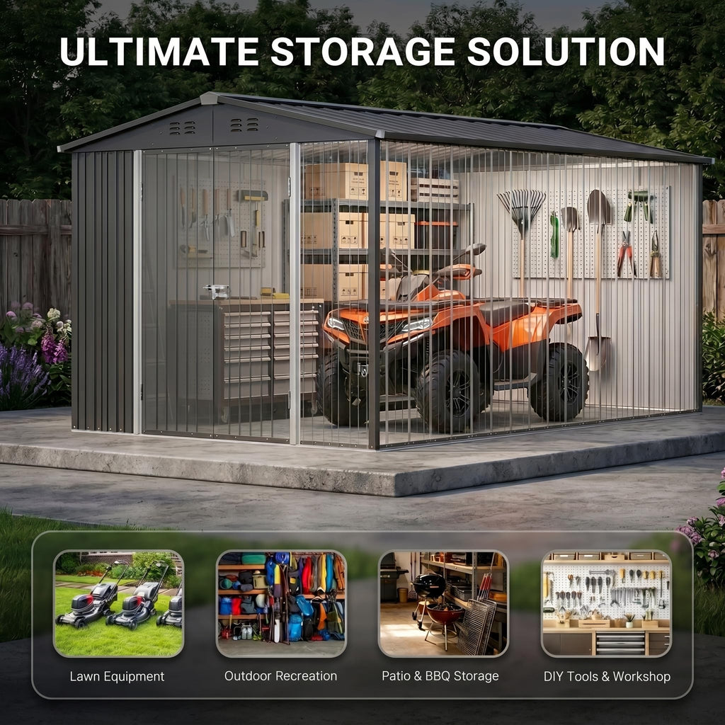 10x10 FT Metal Heavy-Duty Outdoor Storage Shed R98569