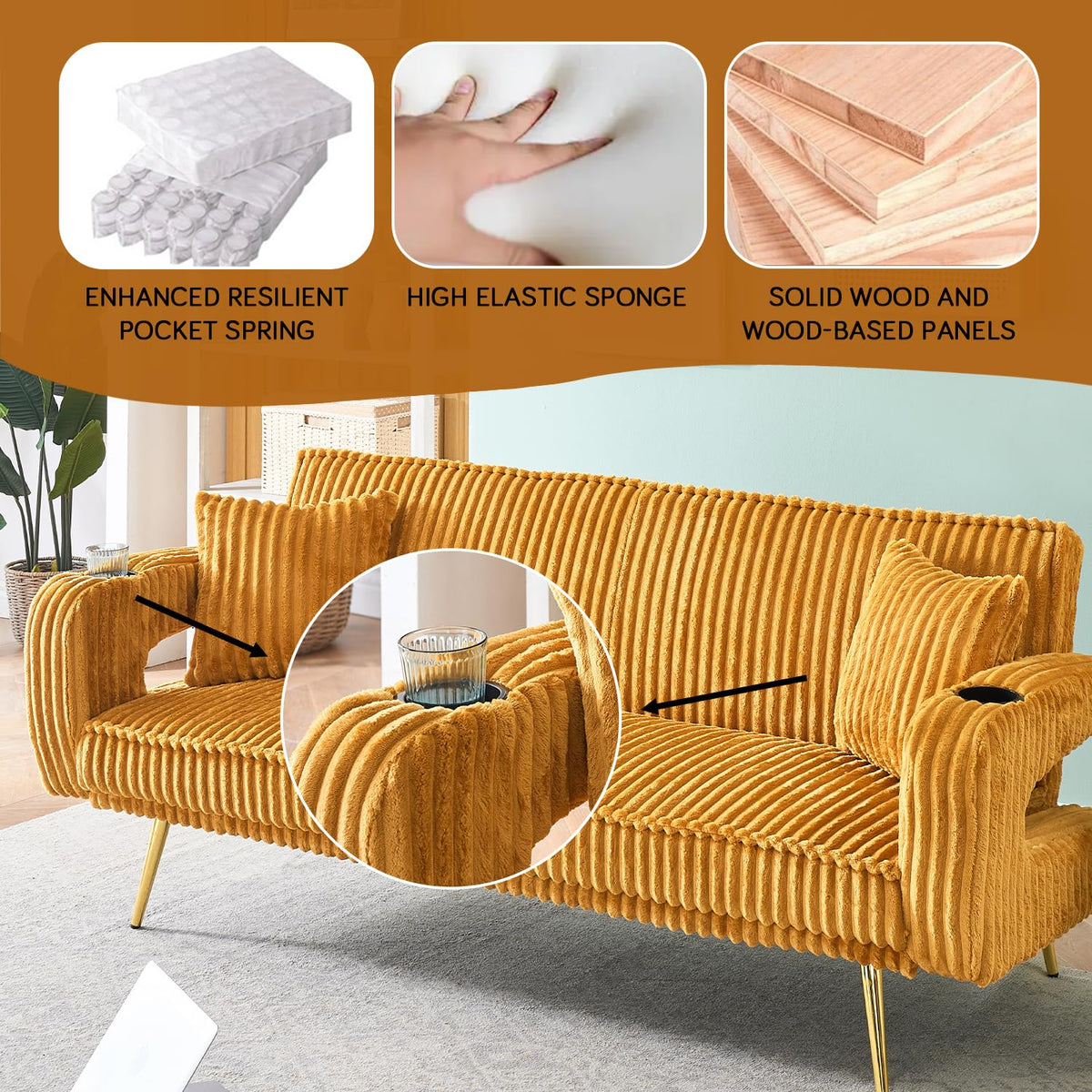 Orange Velvet Convertible Sofa Bed Y1599