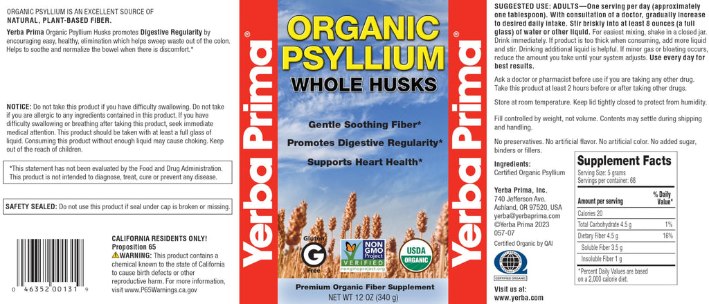 Organic Psyllium Whole Husks 12 oz Fiber Supplement W317
