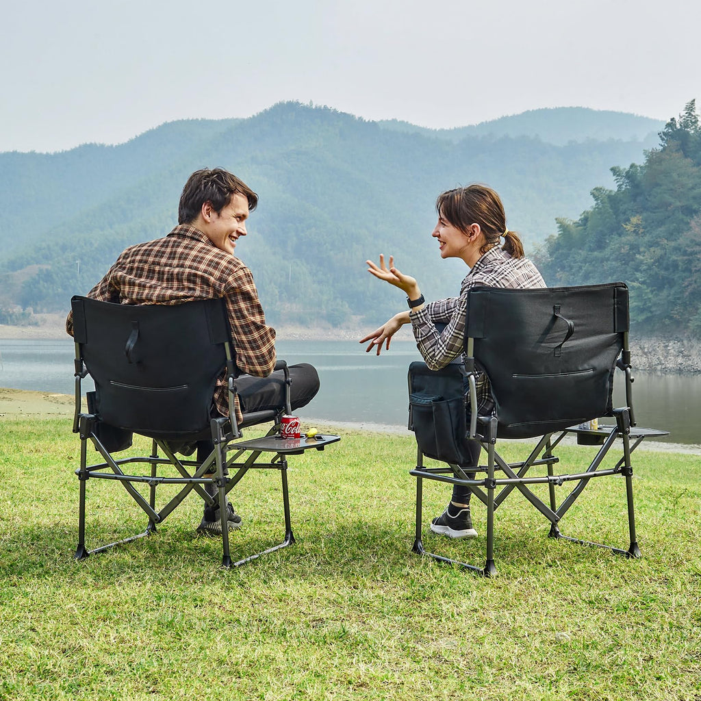 Portable Folding Camping Chair with Side Table, Black W8681