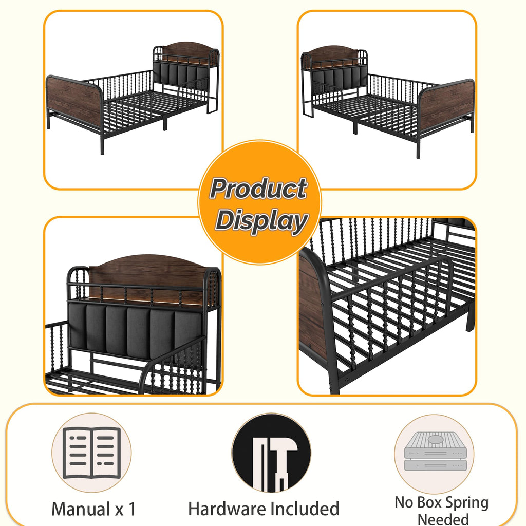 Black Metal Twin Bed Frame with Storage and Upholstered Headboard L523997