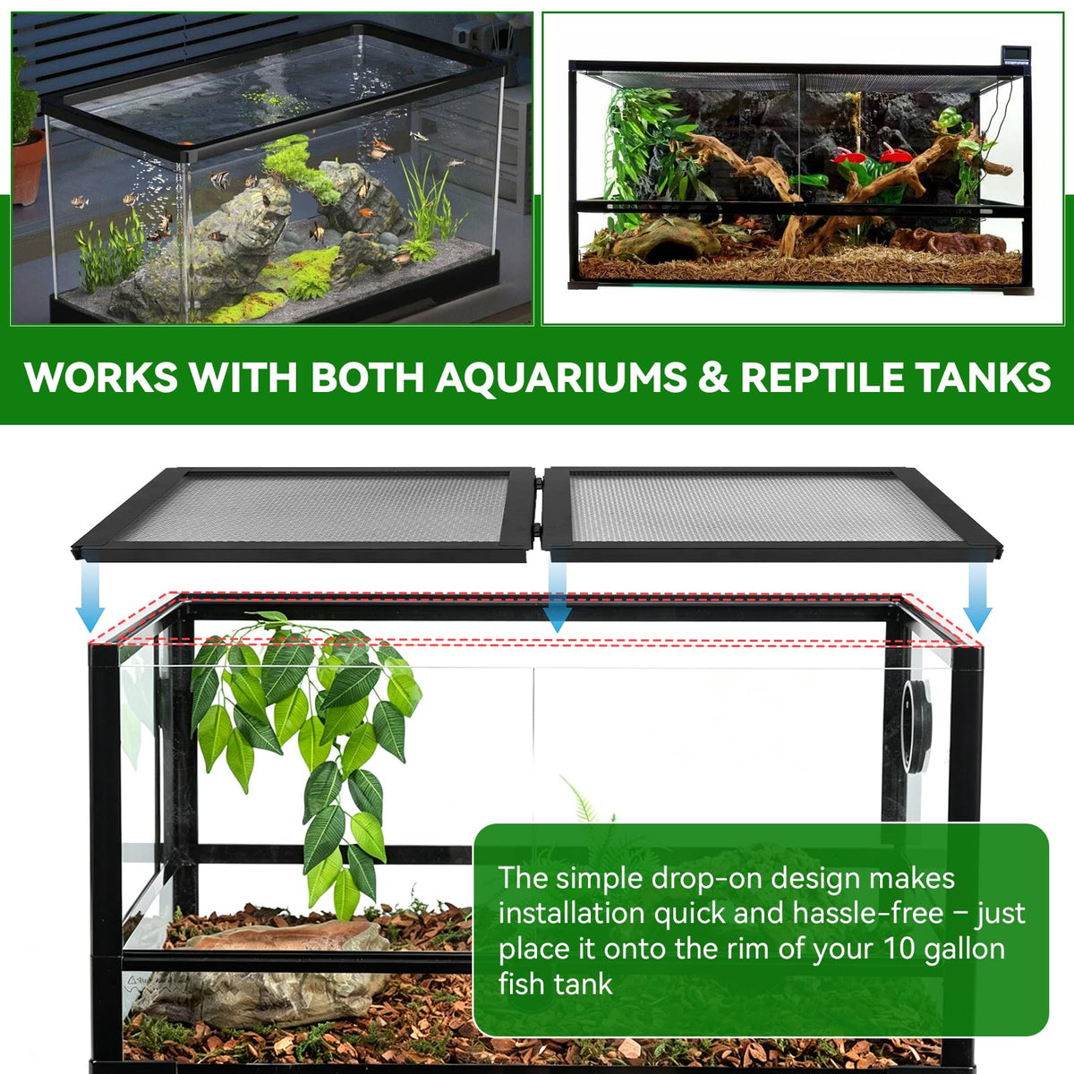 10 Gallon Tank Lid, Hinged Terrarium Screen Cover, 20.8" x 10.8" S4067