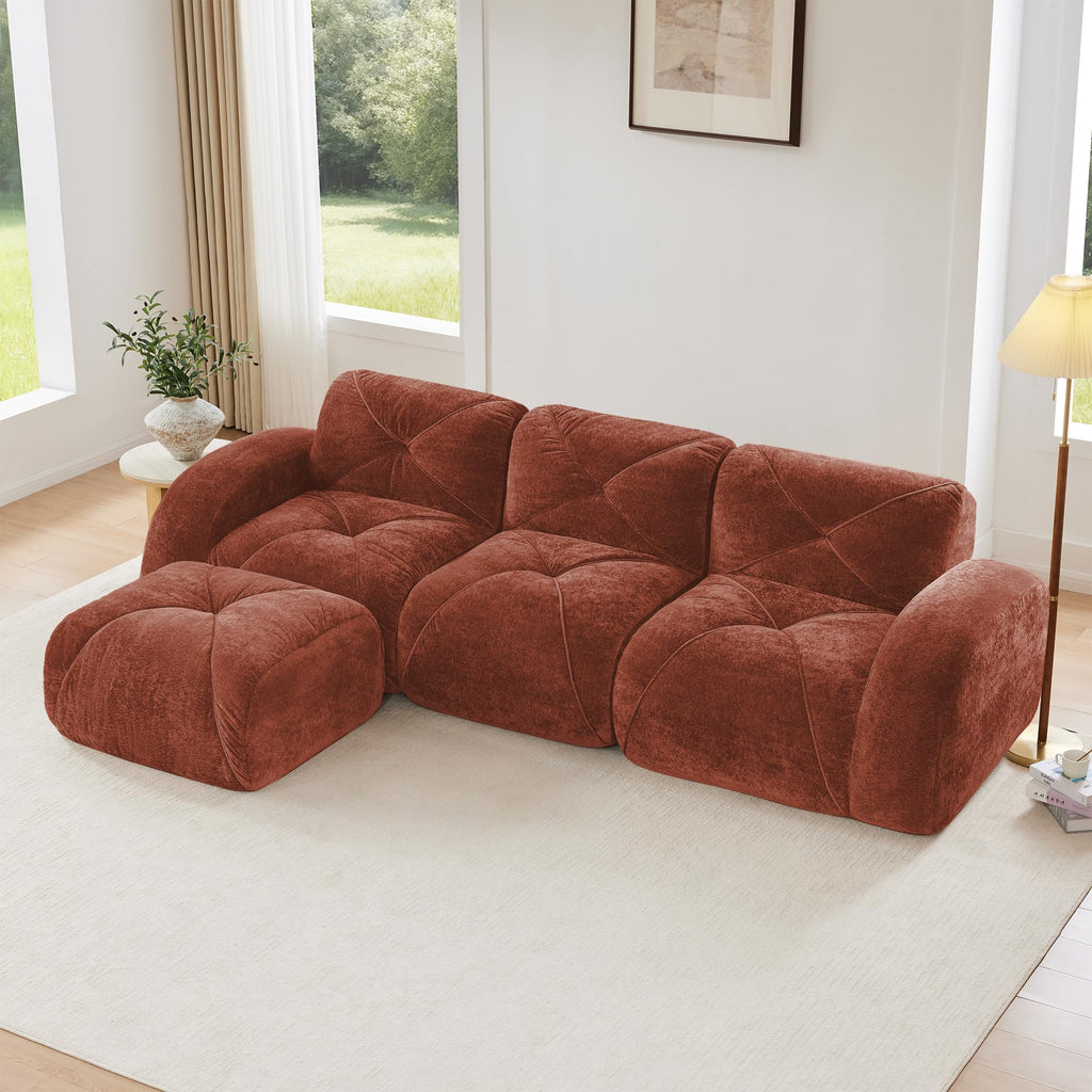 L-Shaped Orange Velvet Tufted Sofa with Ottoman M297149
