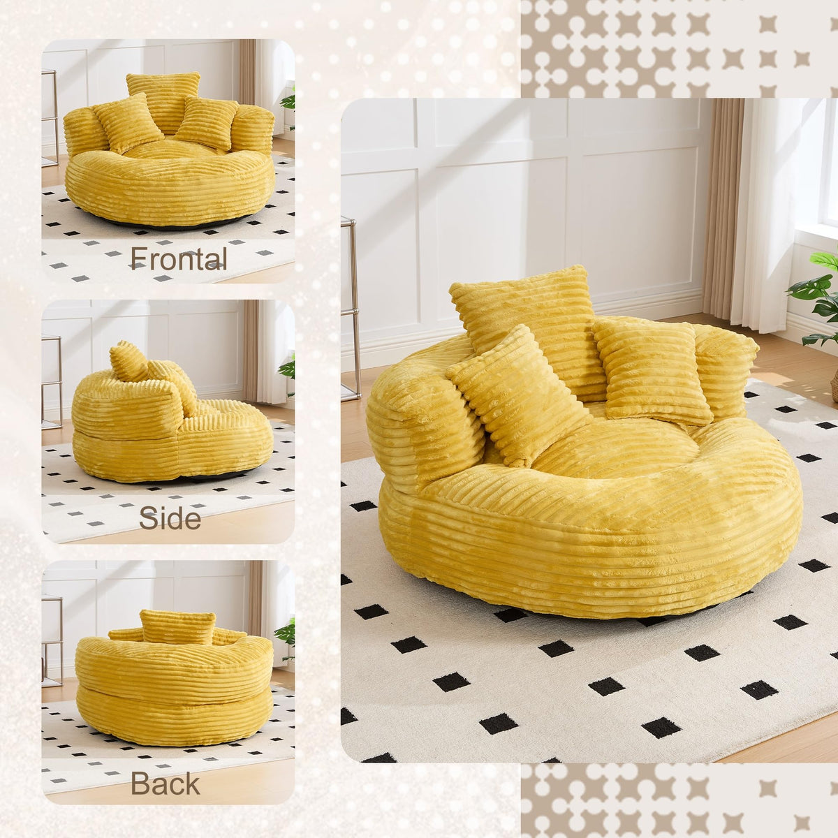 Oversized Corduroy Bean Bag Chair with 3 Pillows W104331
