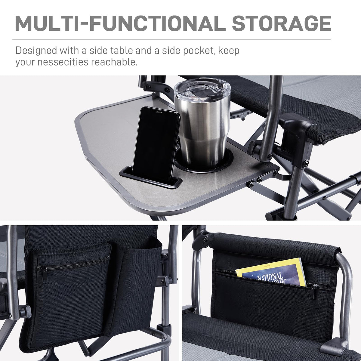 Portable Folding Camping Chair with Side Table, Black W8681
