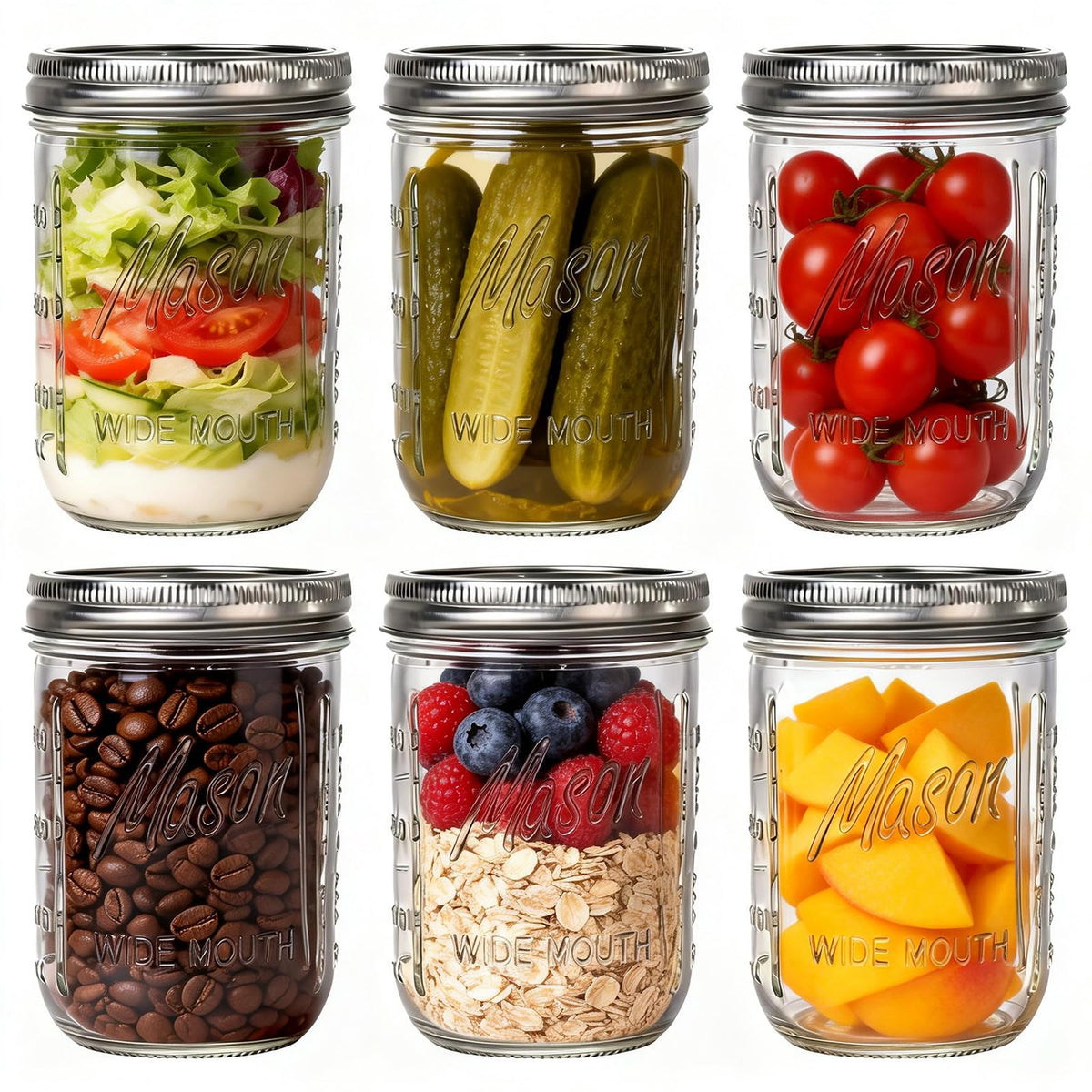 6-Pack 16 oz Wide Mouth Glass Mason Jars with Lids G372320