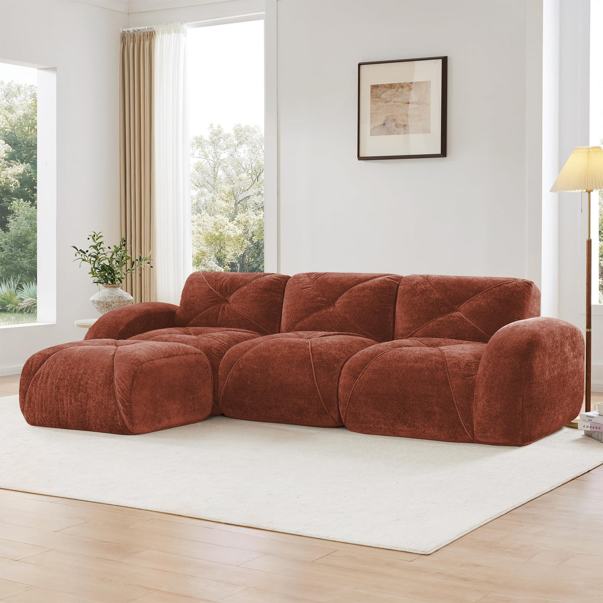 L-Shaped Orange Velvet Tufted Sofa with Ottoman M297149