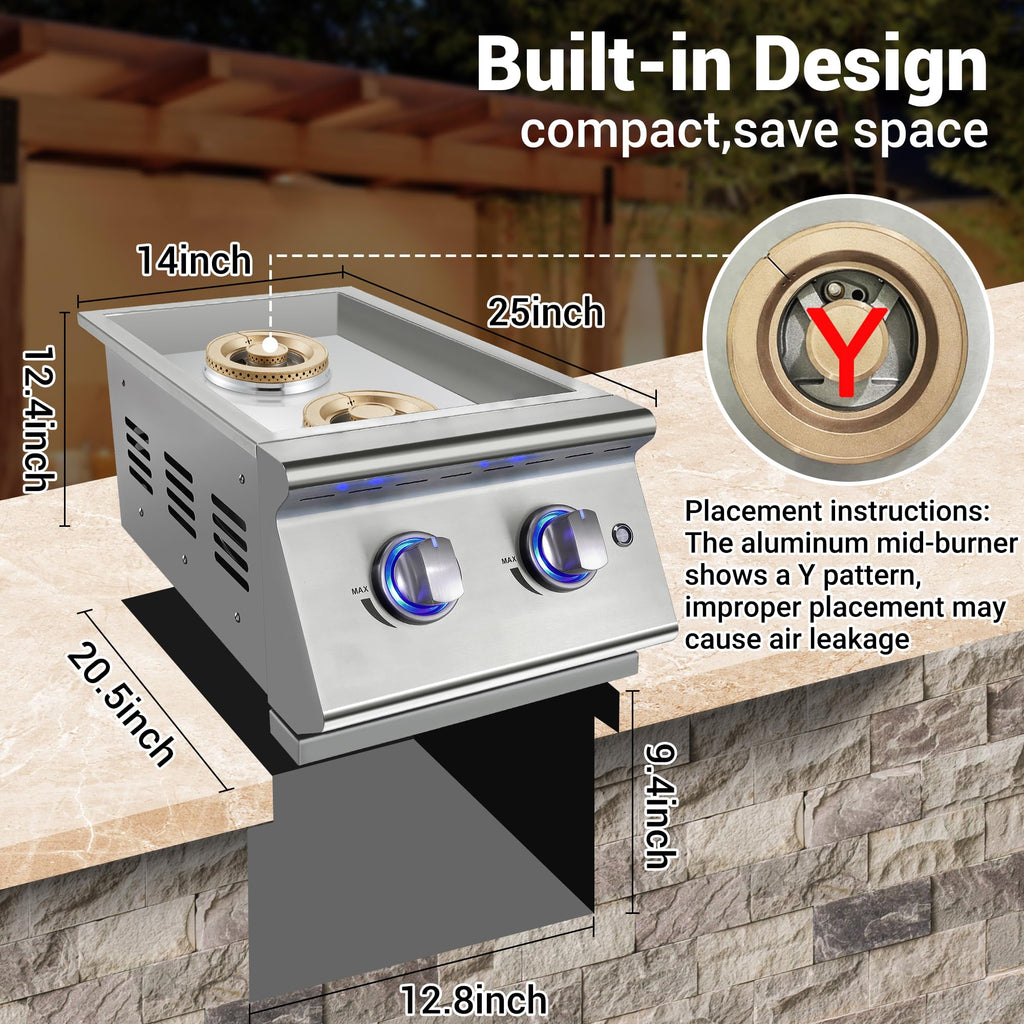Double Grilling Side Burners, 2 * 17,000BTU, Convertible to Liquid Propane, 304 Stainless Steel S8733