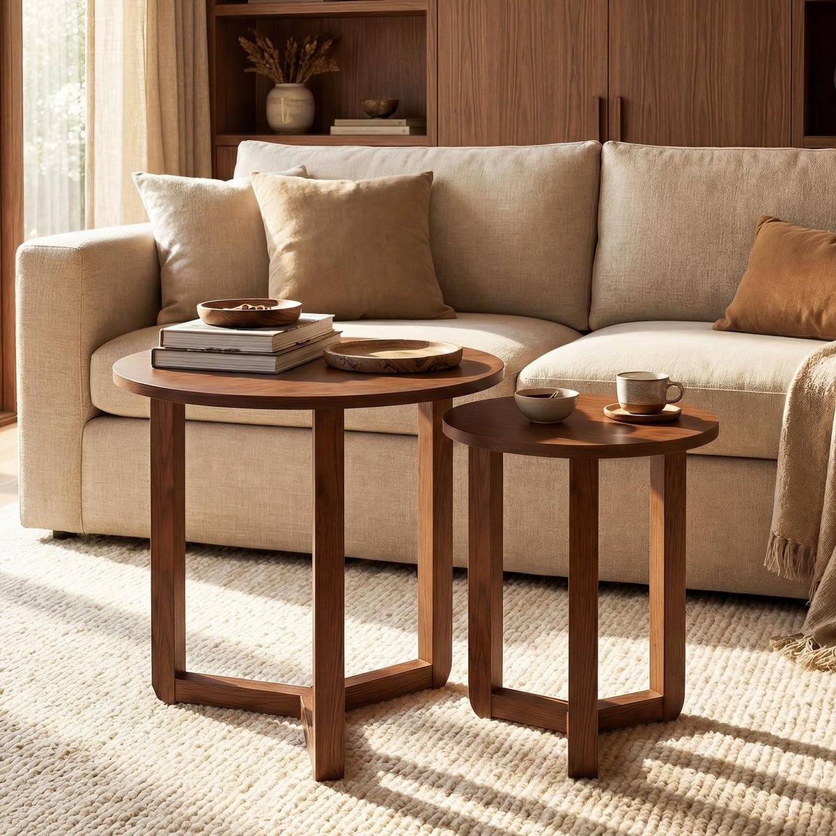 Round Nesting Coffee Table Set of 2 Wood Walnut Y249