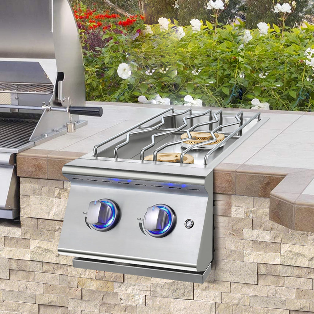 Double Grilling Side Burners, 2 * 17,000BTU, Convertible to Liquid Propane, 304 Stainless Steel S8733