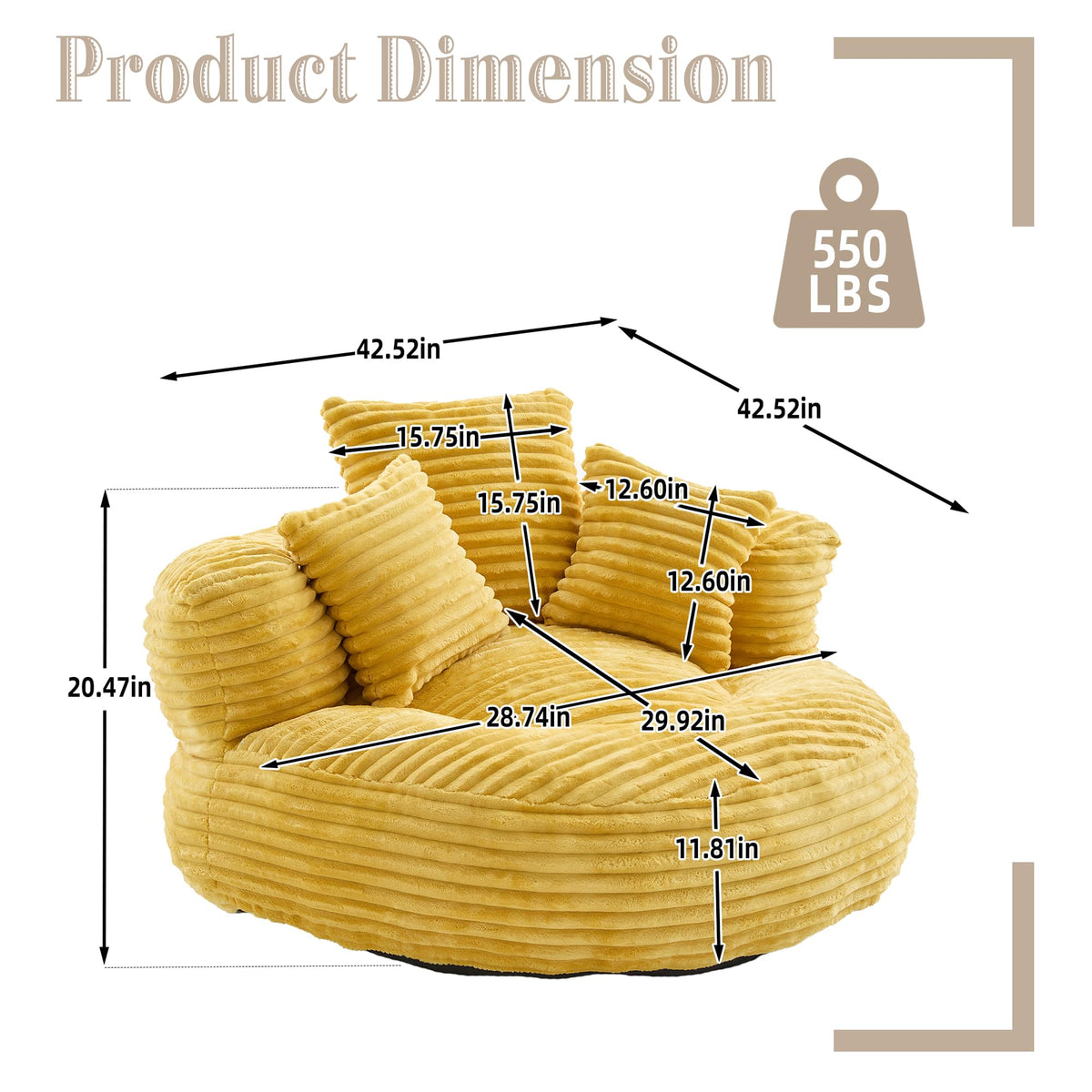 Oversized Corduroy Bean Bag Chair with 3 Pillows W104331
