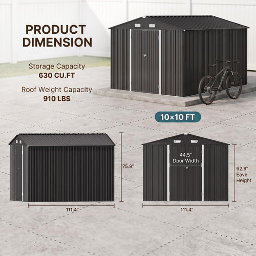 10x10 FT Metal Heavy-Duty Outdoor Storage Shed R98569