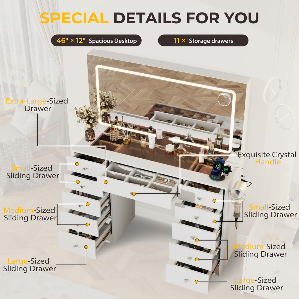 46" White Makeup Vanity Desk with Mirror and Lights P43263