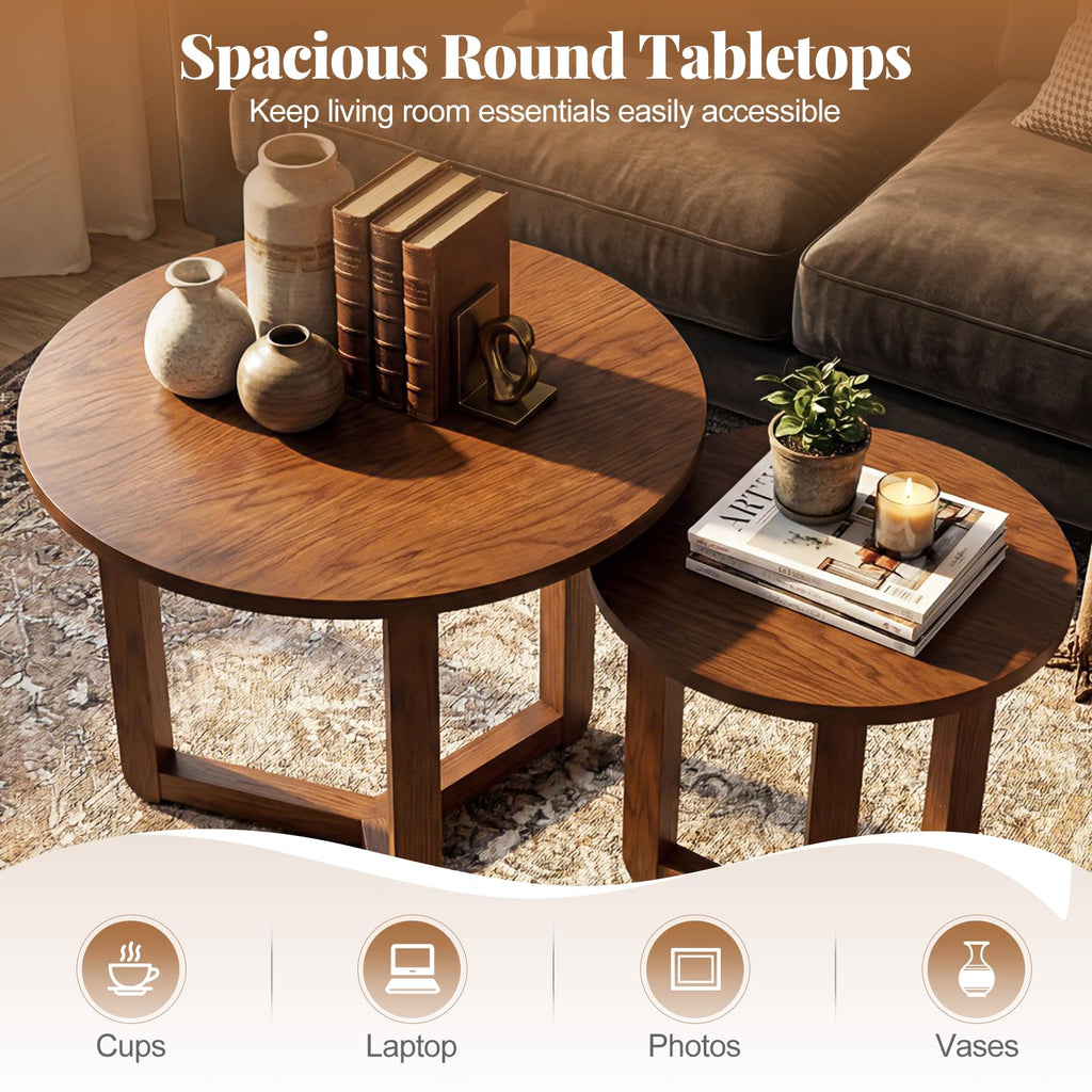 Round Nesting Coffee Table Set of 2 Wood Walnut Y249