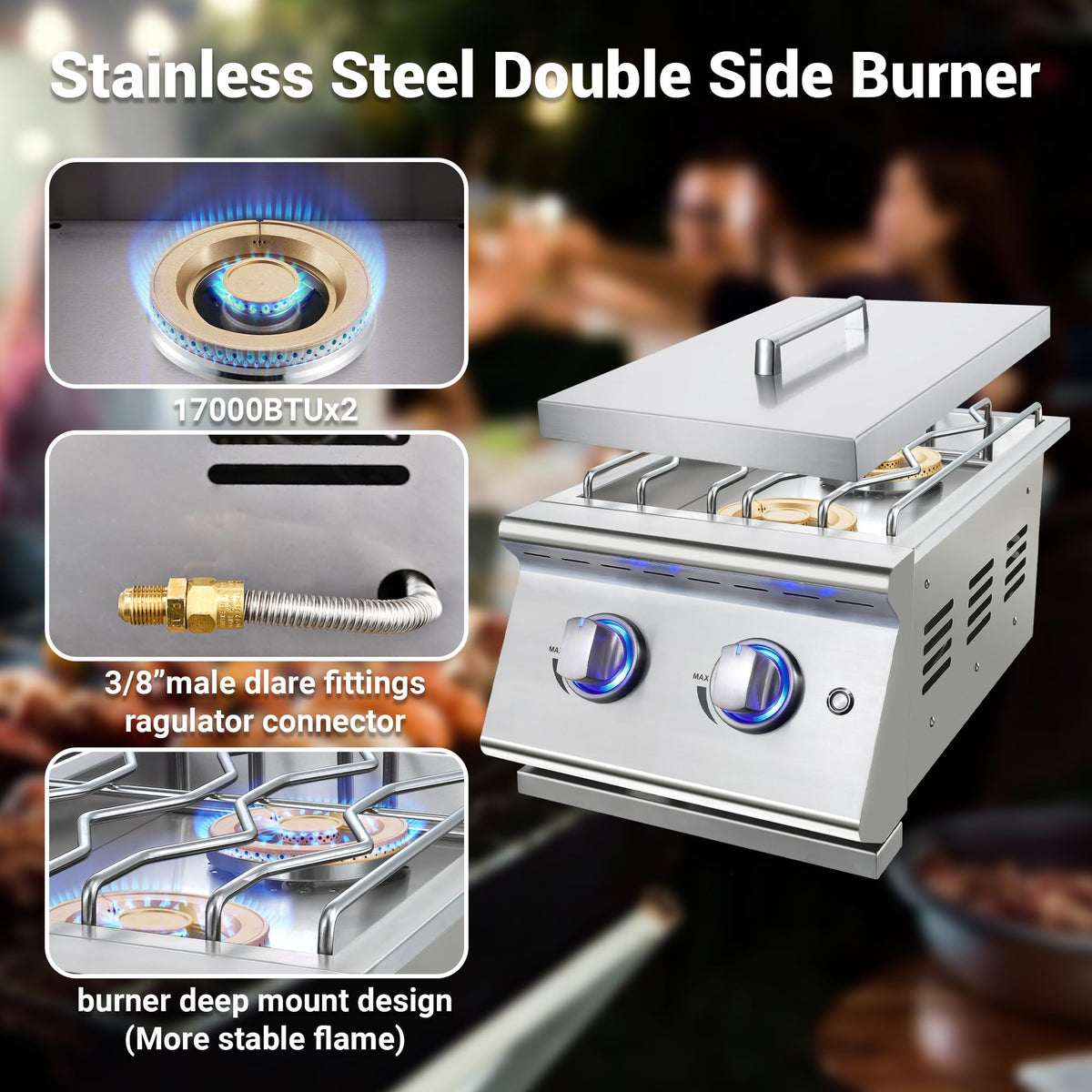 Double Grilling Side Burners, 2 * 17,000BTU, Convertible to Liquid Propane, 304 Stainless Steel S8733