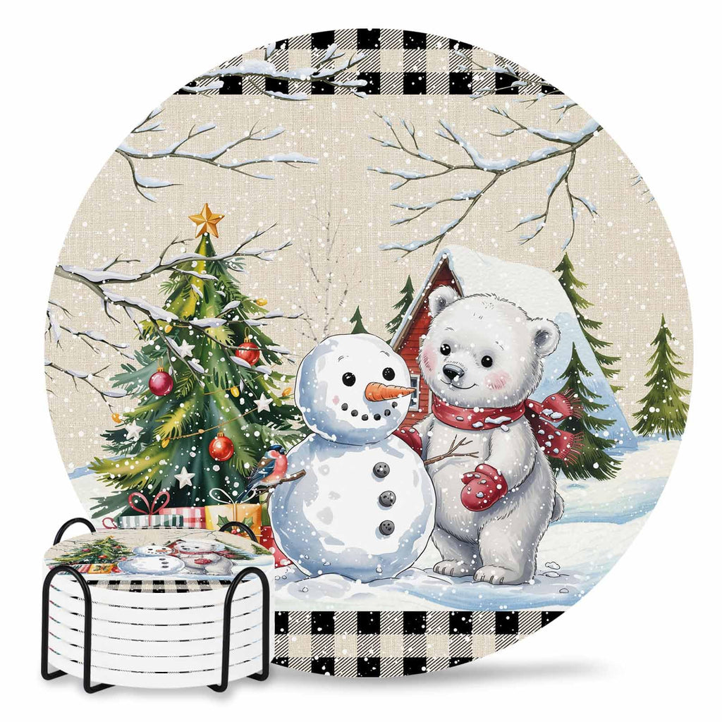 Set of 6 Christmas Coasters with Holder Absorbent Stone Ceramic N243356