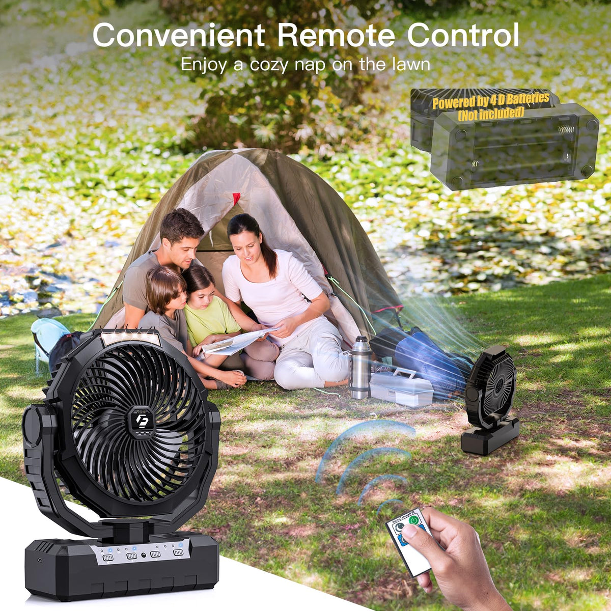 Battery Operated Portable Camping Fan with 4 Speeds, Light, Timer, Remote - Black A650