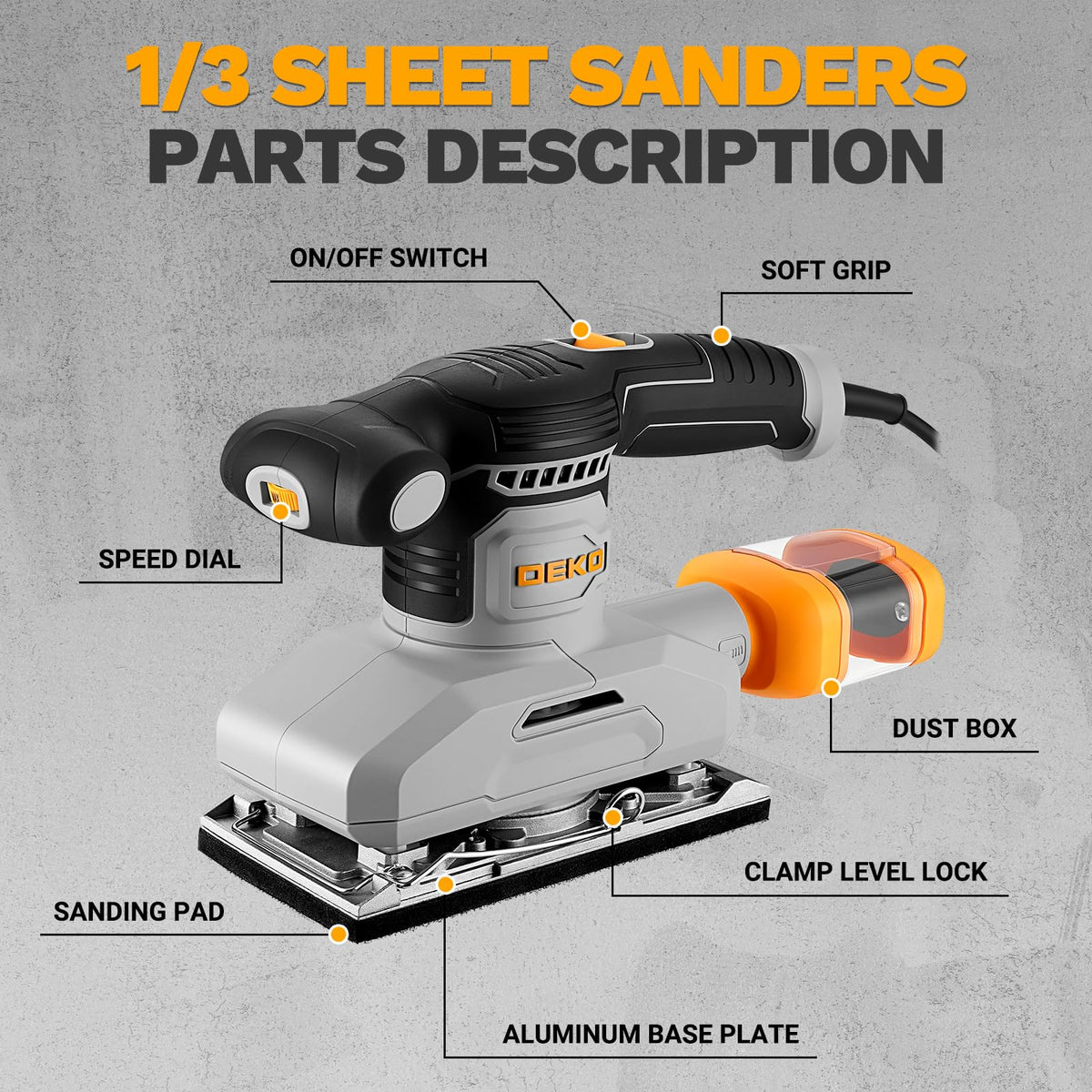 1/3 Sheet Palm Sander with 15 pcs Sandpaper and Dust Box Q4477