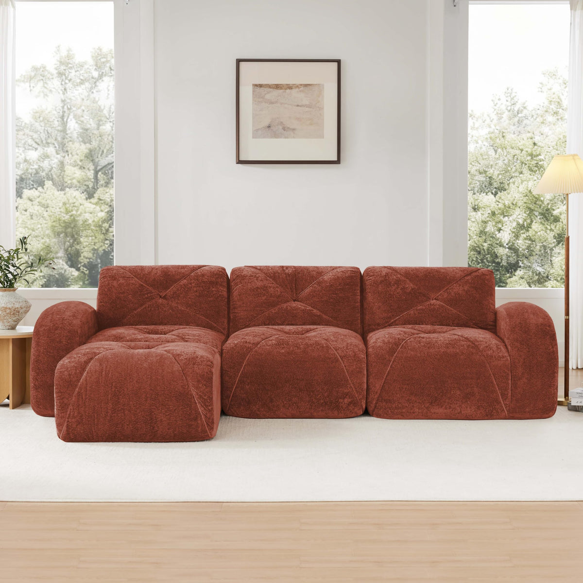 L-Shaped Orange Velvet Tufted Sofa with Ottoman M297149