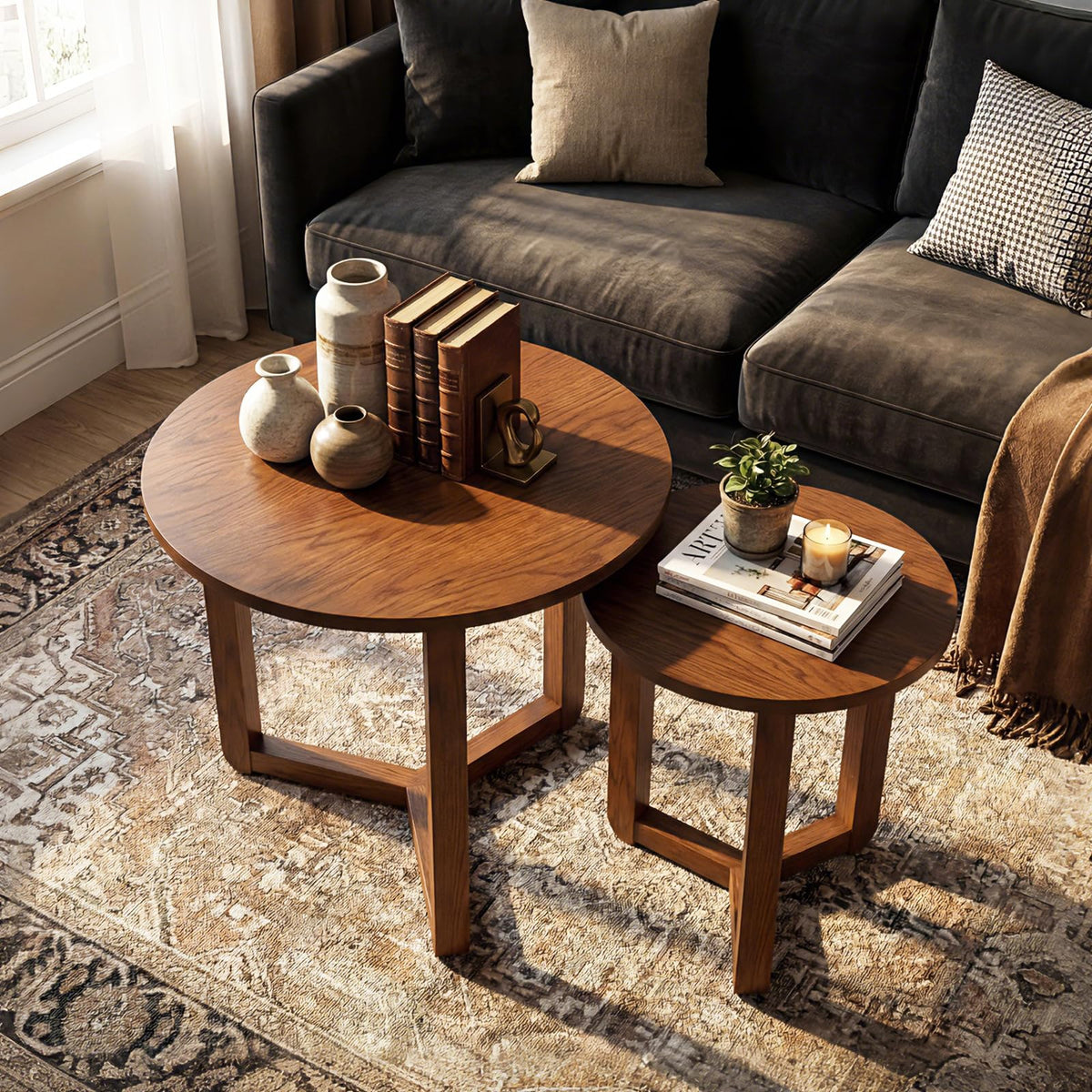 Round Nesting Coffee Table Set of 2 Wood Walnut Y249