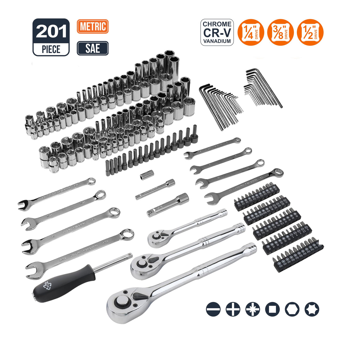 201-Piece Mechanic's Socket Tool Set with Case, SAE and Metric, Chrome-Vanadium Steel B324328